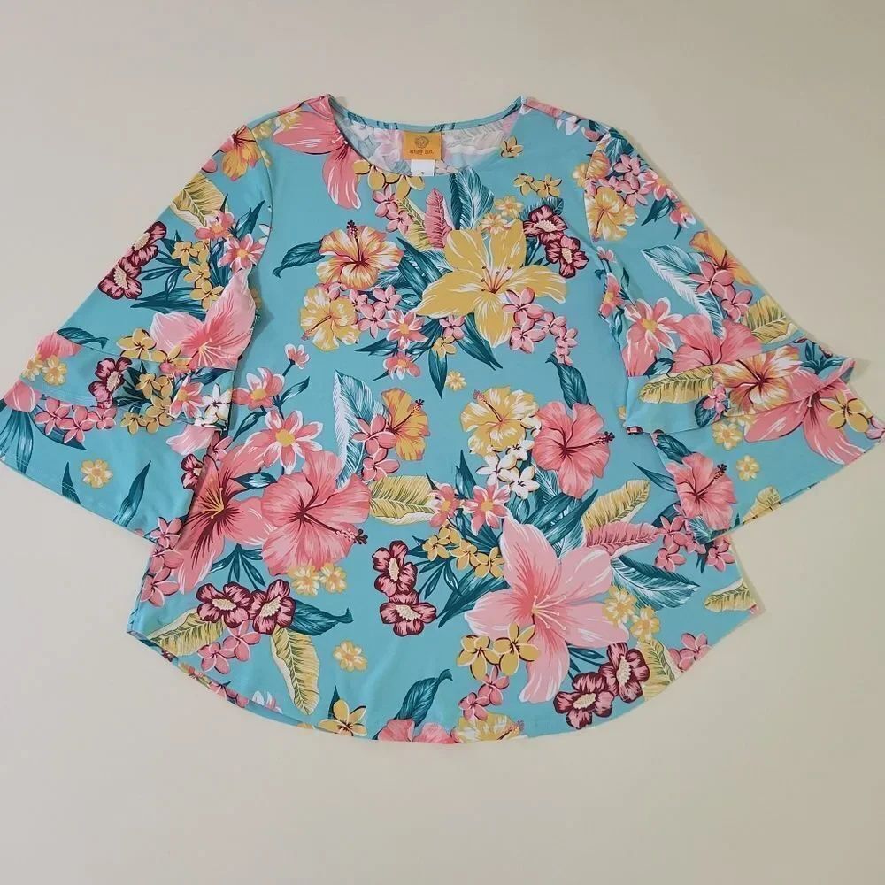 Ruby Rd. Women's Tropicali Floral Ruffled Bell Sleeve Top - Picture 2 of 13